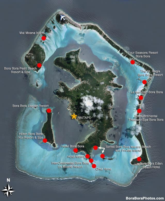 Bora Bora island hotel map showing the locations of all the major resorts.