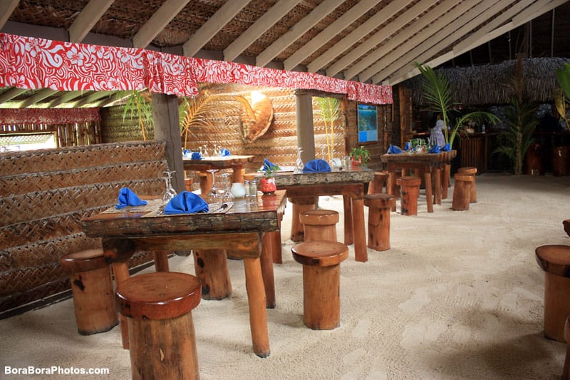 Bloody Mary's Bora Bora restaurant inside view of the table and seats in the sand.