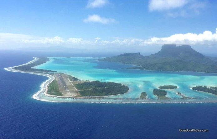 Plane getting ready to land at Bora Bora Airport (BOB) in French Polynesia.