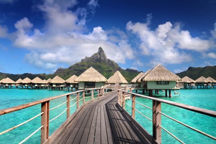 View of the overwater bungalows at the Le Meridien resort.