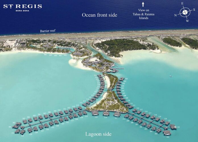 Aerial view and hotel map of the St Regis Resort in Bora Bora.