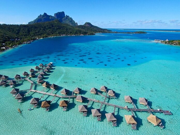 Aerial view of the overwater bungalows at the InterContinental Le Moana.