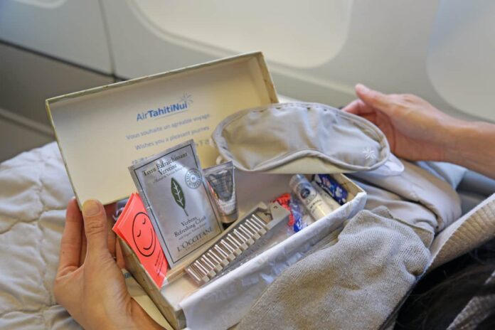 Air Tahiti Nui travel gift boxes in business class.
