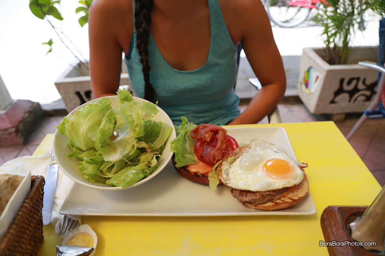 Aloe Cafe's version of an open-faced bacon burger with egg.
