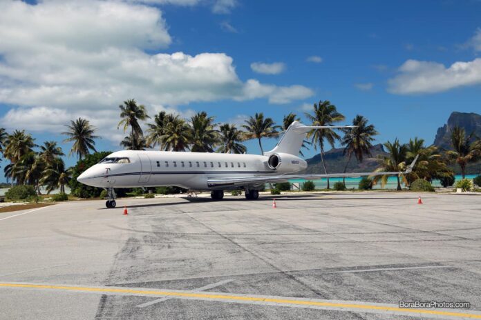 Private jet parked at Bora Bora Airport.