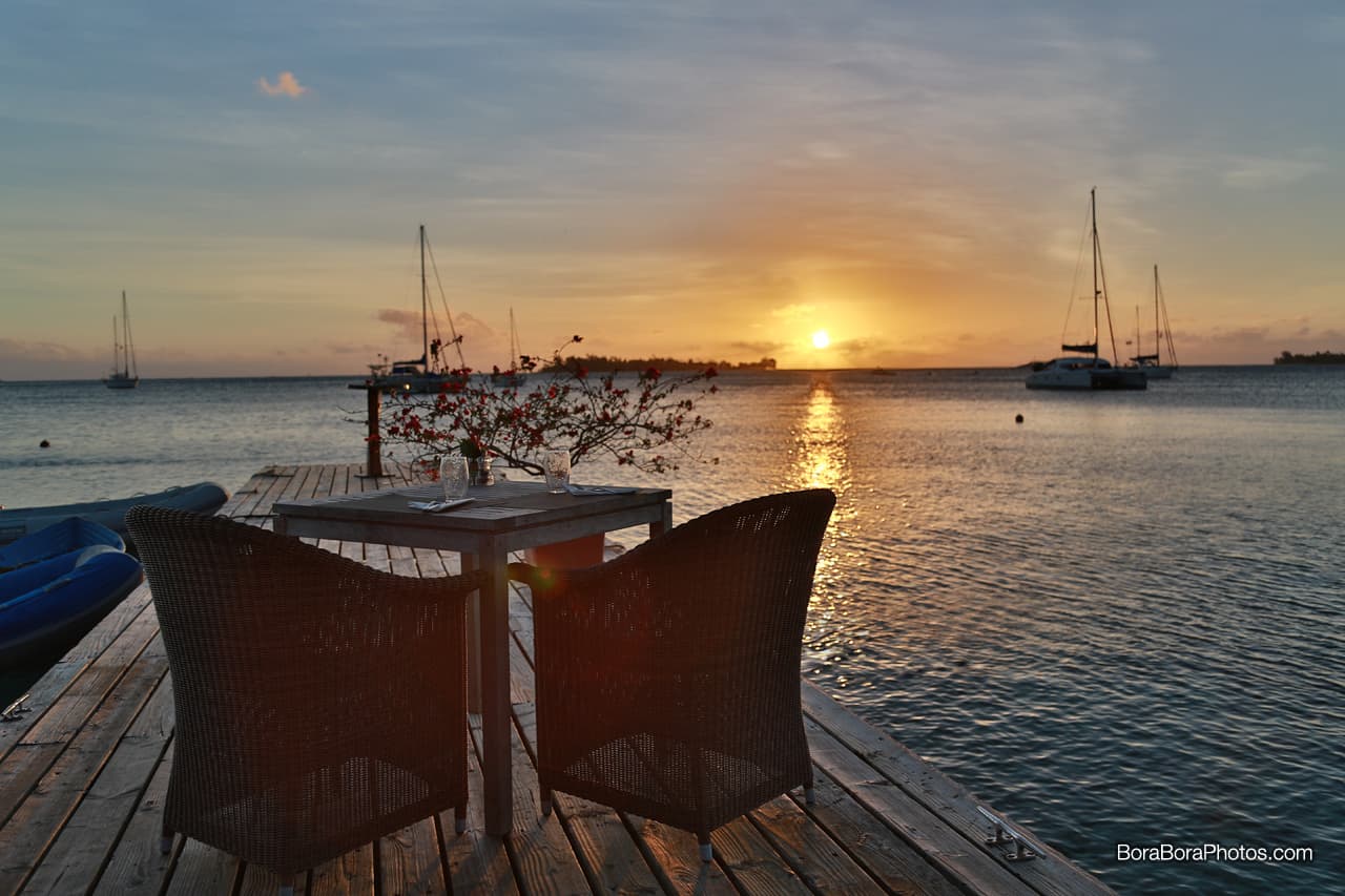 Sunset view from the Bora Bora Yacht Club .