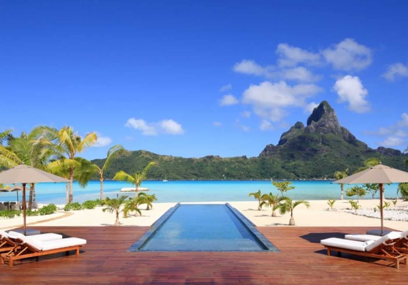 Incredible view of the pool and Mt Otemanu from Bora Bora One Resort.