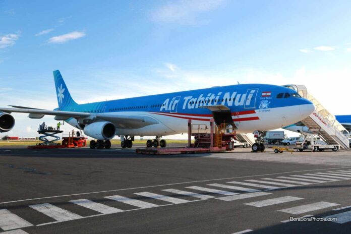 Air Tahiti Nui airplane on the tarmac at Faa'a International Airport.