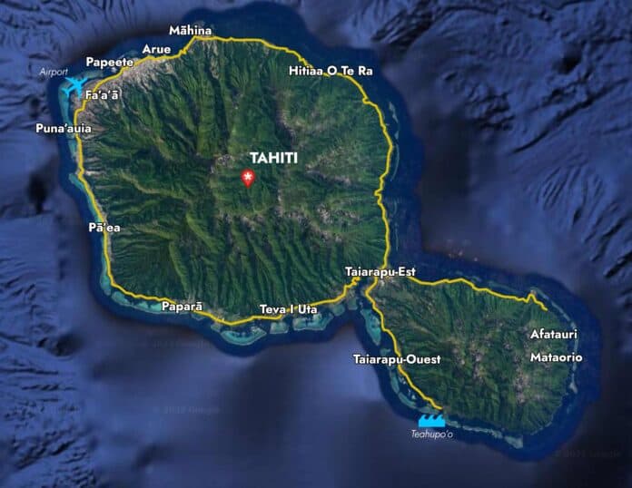 A map of the island of Tahiti with major cities and landmarks identified.